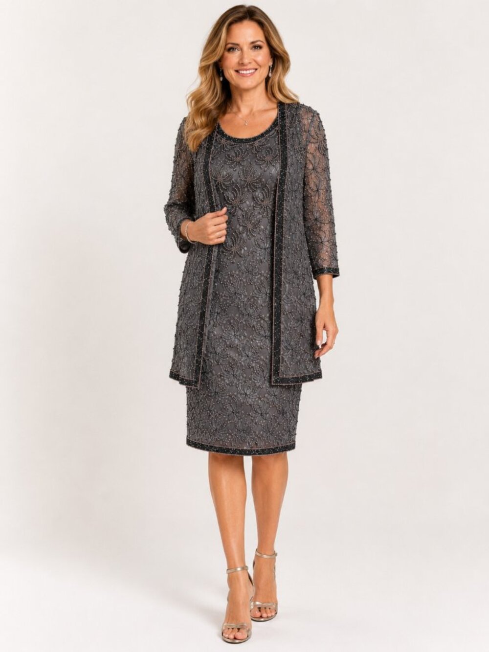 Scala Charcoal Beaded Midi Dress Jacket Set L Formal Evening Wedding